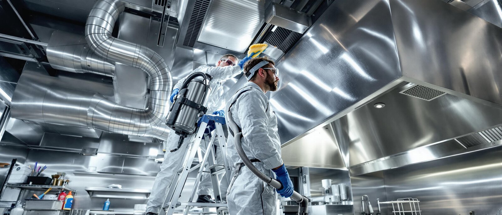 Abluftanlagenreinigung in Gastronomie und Großküche Reinigung von Abluftanlagen in der Gastronomie: Techniker säubert Lüftungsschächte und Dunstabzugshauben, professionelle Ausrüstung, glänzende Metallflächen.