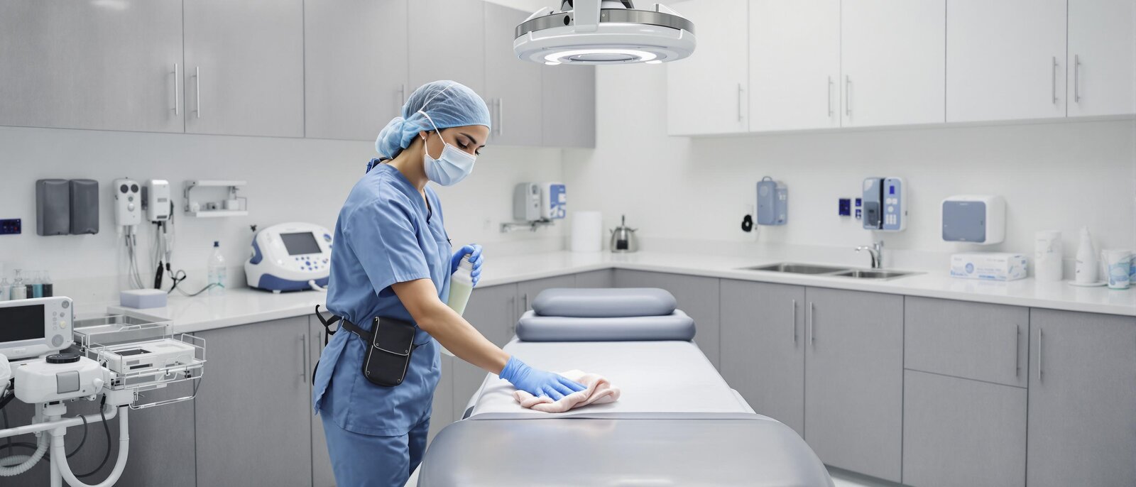 Gründliche Reinigung von Behandlungsräumen Behandlungsraum-Reinigung: Sauberer, moderner Behandlungsraum, Reinigungskraft säubert Liege, Oberflächen und medizinische Geräte.