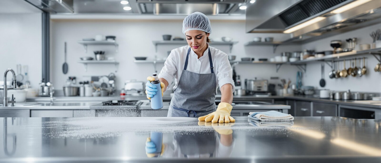 Desinfektion von Arbeitsflächen in der Großküche Desinfektion von Arbeitsflächen in der Großküche: Reinigungskraft desinfiziert Edelstahl-Arbeitsflächen, saubere Umgebung, HACCP-konform.