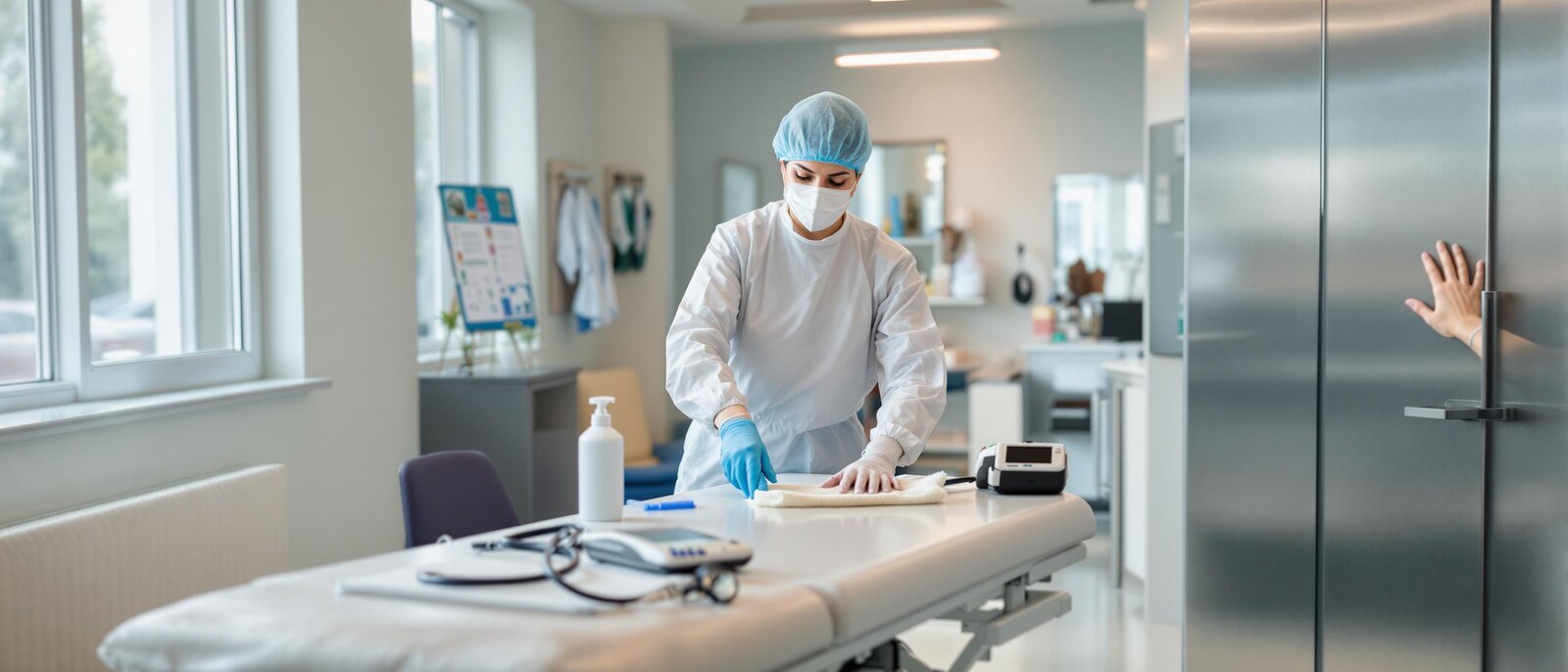 Desinfizierende Reinigung für höchste Hygienestandards Professionelle Desinfizierende Reinigung in einer Arztpraxis: Reinigungskraft mit Schutzkleidung desinfiziert Oberflächen, medizinisches Equipment und Türgriffe.