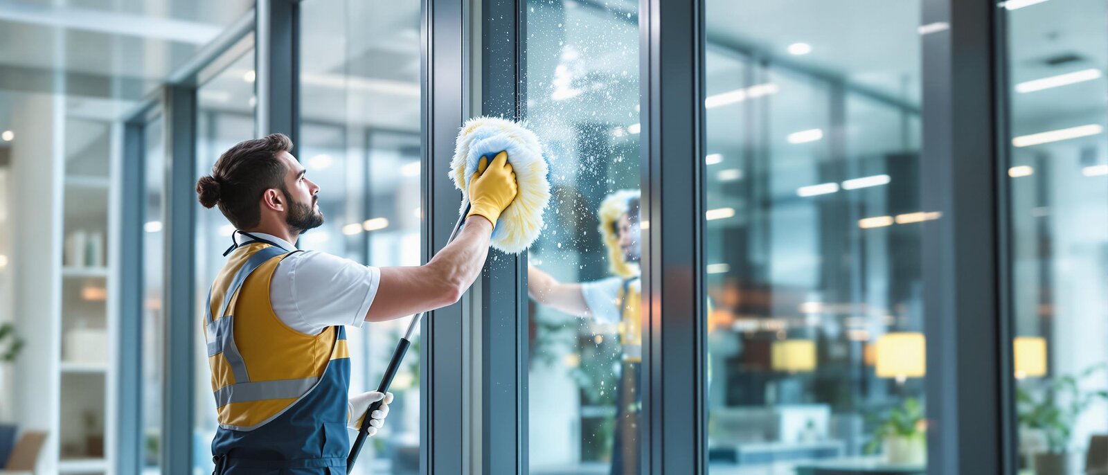 Professionelle Fenster- und Rahmenreinigung: Glänzende, streifenfreie Fenster in einem modernen Bürogebäude, saubere Fensterrahmen, viel Tageslicht.