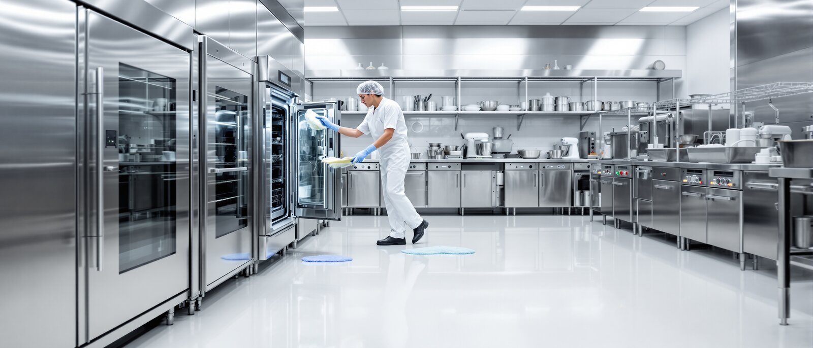 Geräte- und Maschinenreinigung in der Großküche Geräte- und Maschinenreinigung in der Großküche: Reinigungskraft säubert Kombidämpfer, Spülmaschine und Küchengeräte, glänzende Oberflächen.