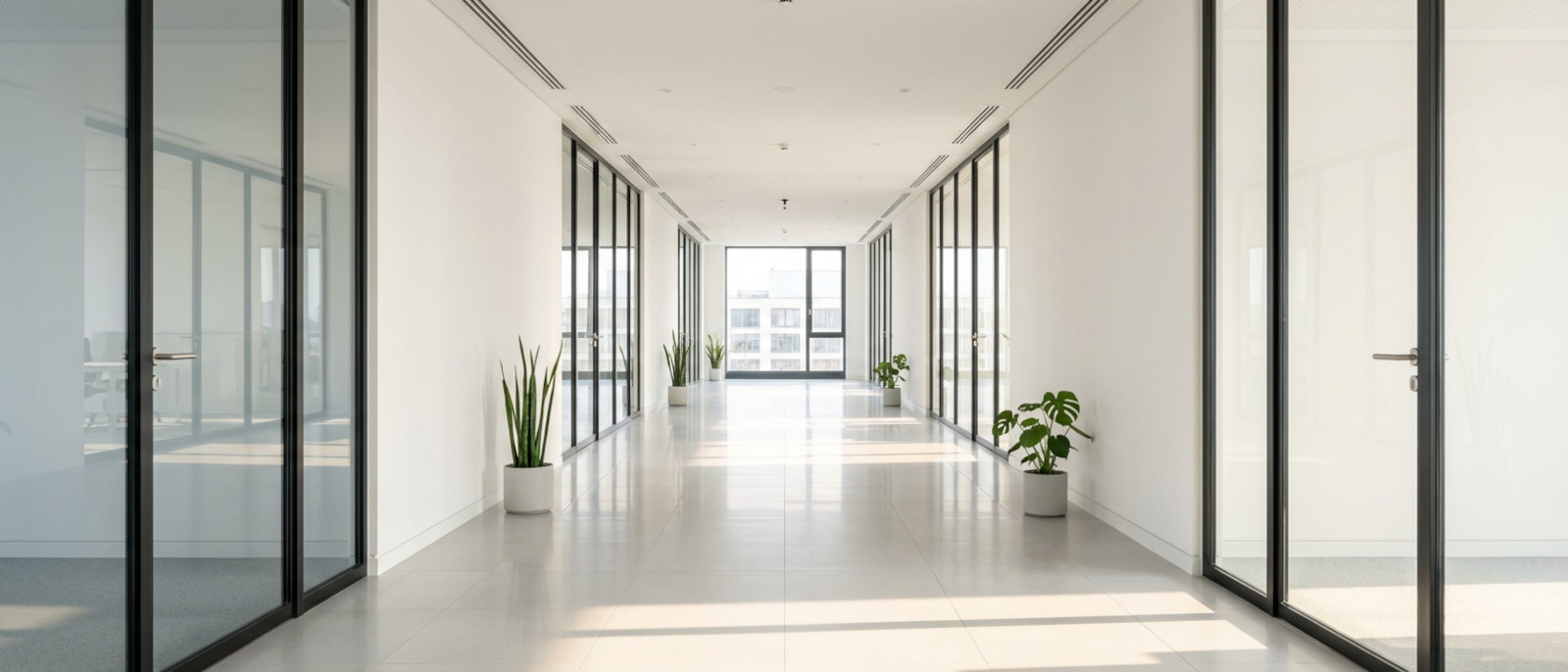 Grundreinigung Berlin: frisch grundgereinigter Büroflur mit glänzendem Boden