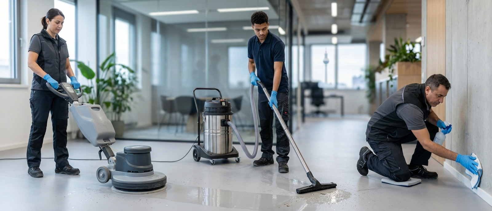 Grundreinigung Berlin: Team mit professioneller Technik bei der Arbeit