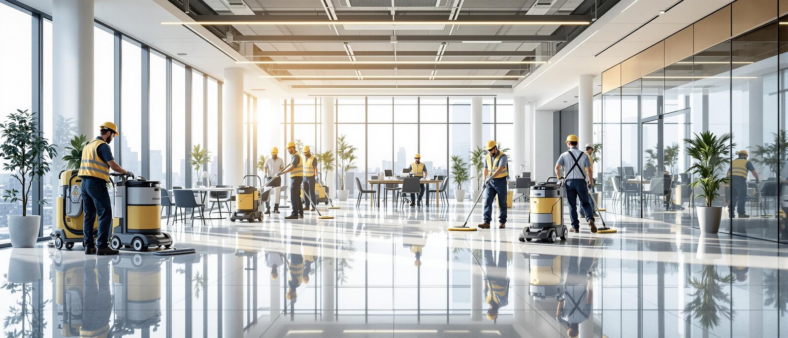 Reinigungsteam mit professionellen Maschinen bei der intensiven Grundreinigung eines großen Raumes. Fokus auf Detailarbeit, glänzende Böden, saubere Fenster, moderne Technik.