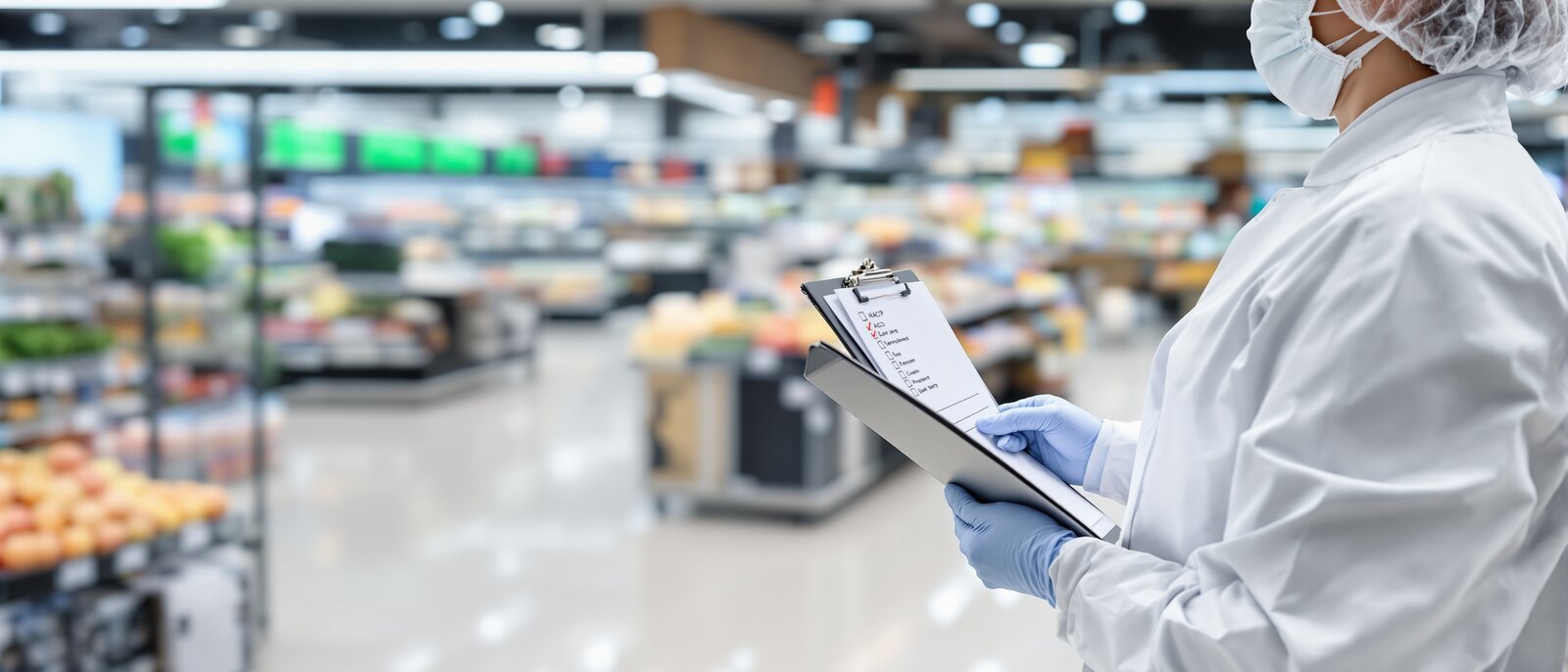 HACCP-Reinigung im Supermarkt: Mitarbeiter dokumentiert Reinigungsmaßnahmen, saubere Lebensmittelbereiche, Checkliste sichtbar.