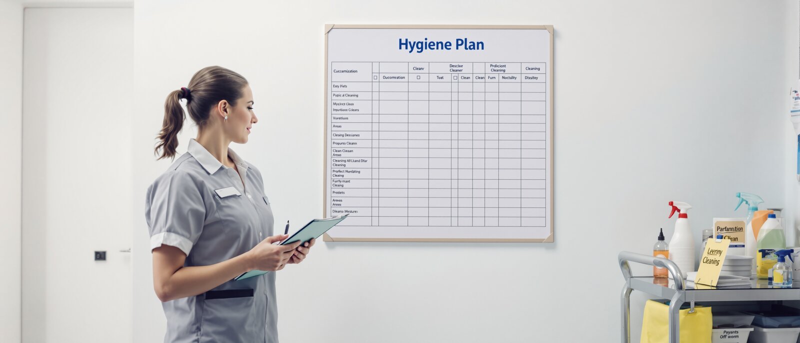 Einhaltung und Umsetzung von Hygieneplänen Hygieneplan in einer Praxis: Checkliste an der Wand, Reinigungskraft dokumentiert Reinigungsmaßnahmen, strukturierte Abläufe.