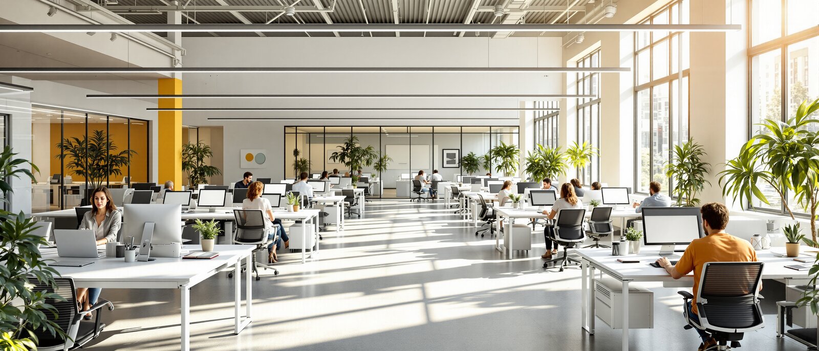 Modernes, lichtdurchflutetes Büro mit glänzenden Böden, sauberen Schreibtischen, Pflanzen und freundlicher Atmosphäre. Menschen arbeiten entspannt und produktiv.