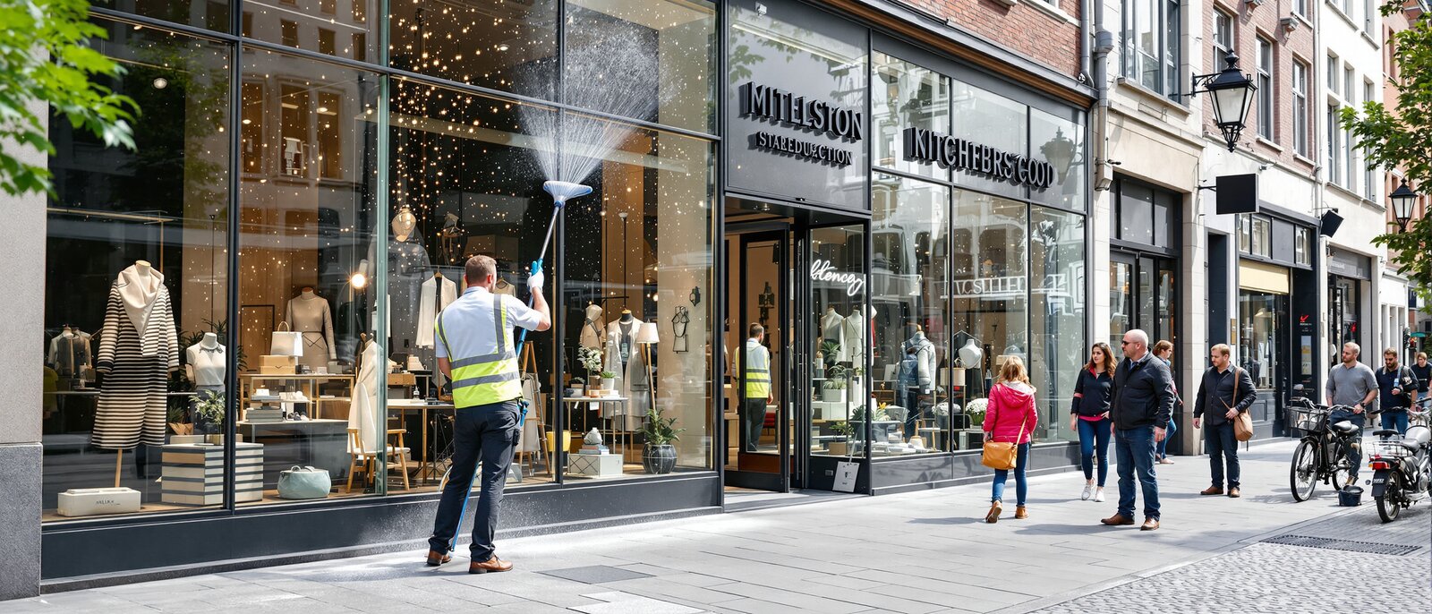 Schaufensterreinigung in einer belebten Innenstadt: Glasklare, streifenfreie Schaufenster, attraktive Auslage, Passanten blicken hinein.