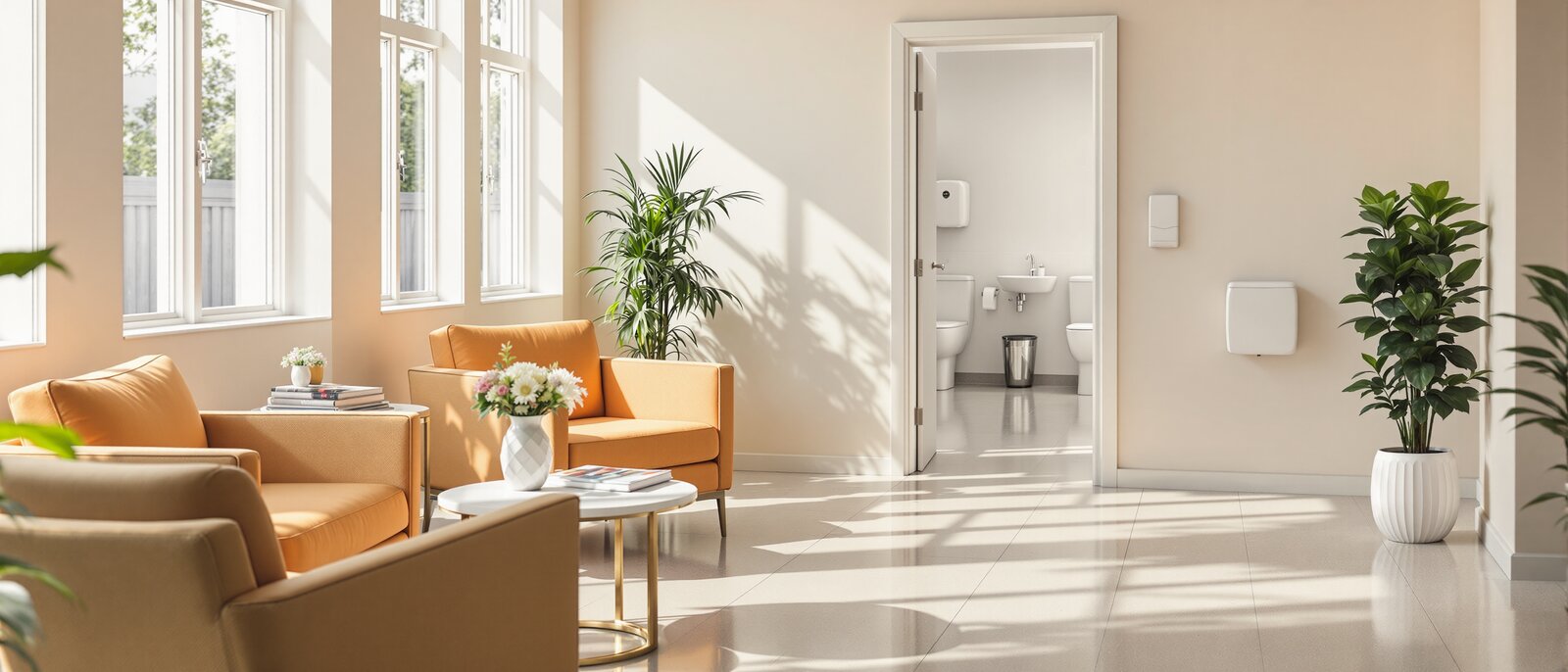 Reinigung von Wartezimmer und Sanitärbereichen Wartezimmer und Sanitärreinigung: Helles, freundliches Wartezimmer mit sauberen Sitzmöbeln, glänzenden Böden und gepflegten Sanitäranlagen.