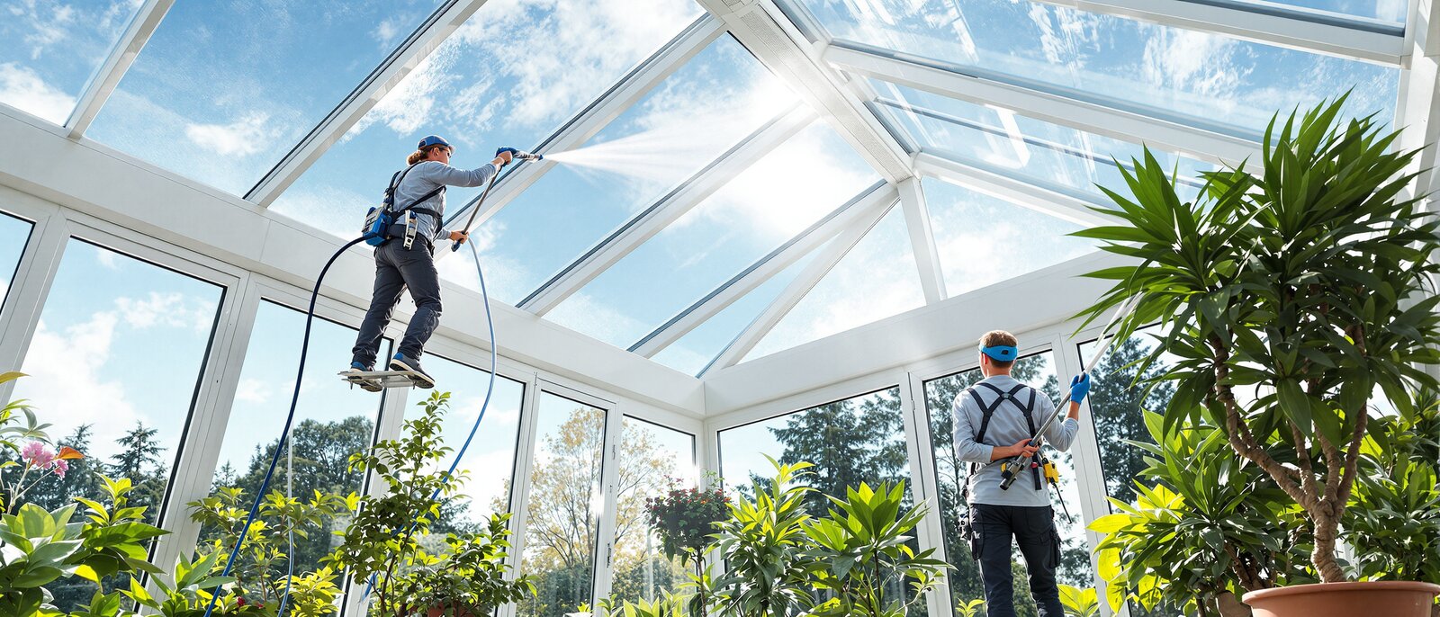 Heller Wintergarten mit großen Glasflächen, ein Reinigungsteam säubert das Glasdach und die Rahmen, viel Tageslicht, Pflanzen im Innenraum.