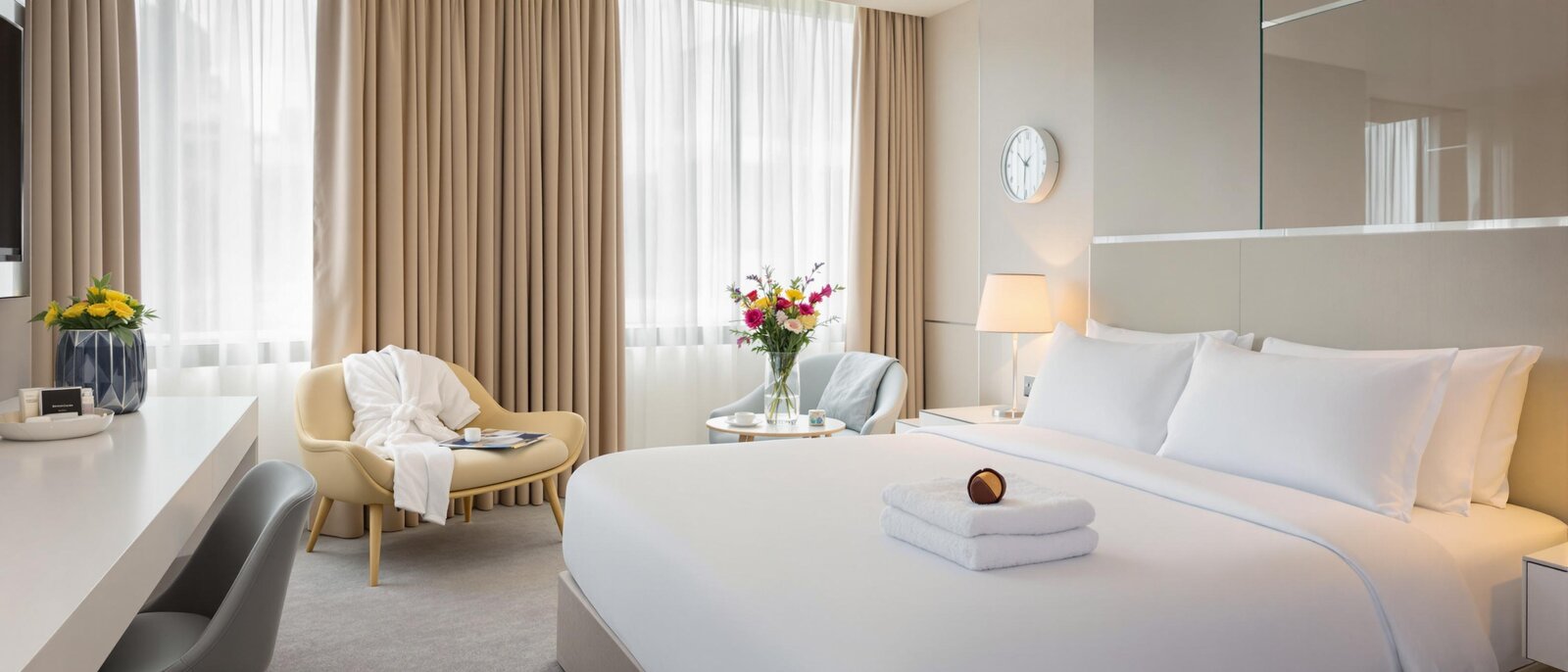 Modernes, helles Hotelzimmer mit frisch gemachtem Bett, glänzenden Oberflächen und liebevollen Housekeeping-Details wie gefalteten Handtüchern und Blumen.